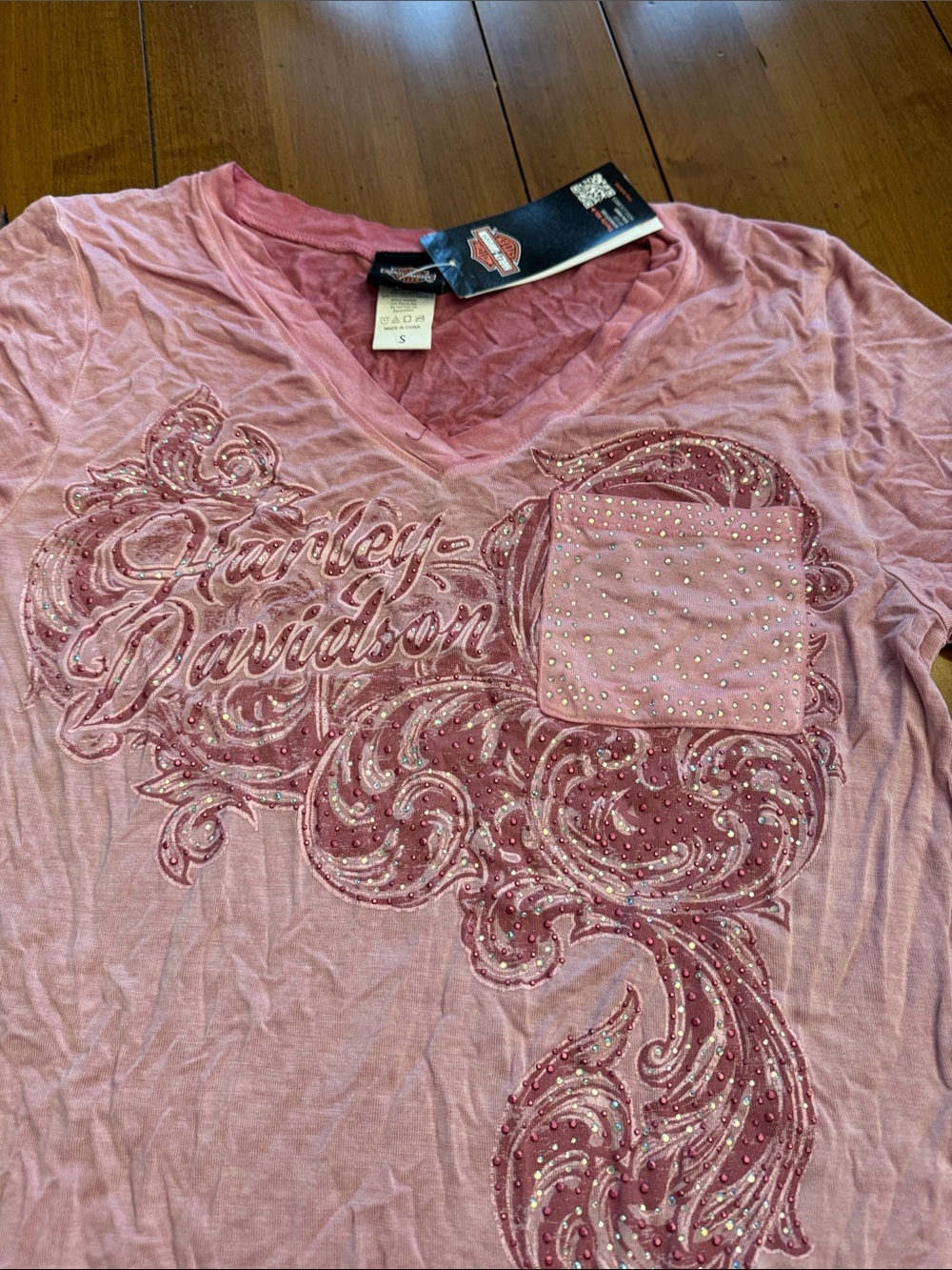 Harley-Davidson Pink Rhinestone V-Neck Pocket Tee
